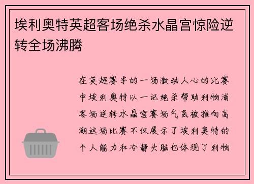 埃利奥特英超客场绝杀水晶宫惊险逆转全场沸腾