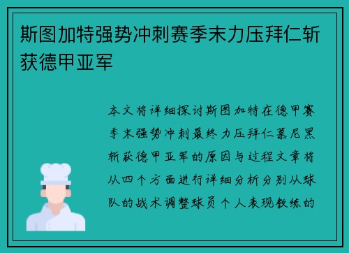 斯图加特强势冲刺赛季末力压拜仁斩获德甲亚军