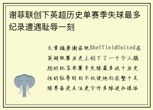 谢菲联创下英超历史单赛季失球最多纪录遭遇耻辱一刻 谢菲联创下英超历史单赛季失球最多纪录遭遇耻辱一刻
